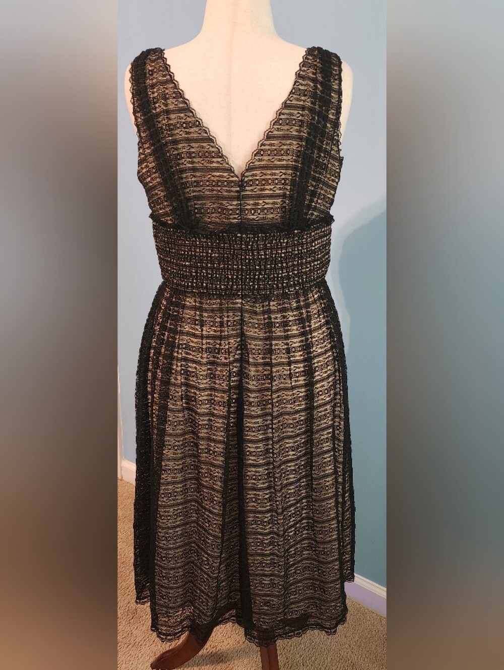 Adrianna Papell Black Lace V-Neck Smocked Waist Midi Dress